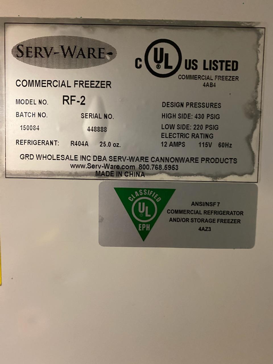 ServWare RF2 Freezer RM Restaurant Supplies